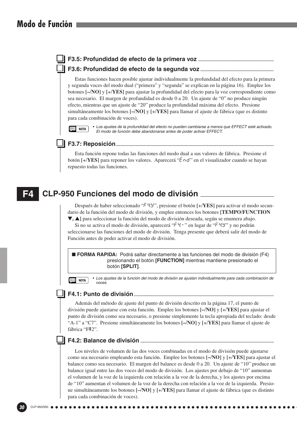 F4: clp-950 funciones del modo de división, F4.1: punto de división f4.2: balance de división, Modo de función | Clp-950 funciones del modo de división | Yamaha Clavinova CLP-930 User Manual | Page 30 / 66