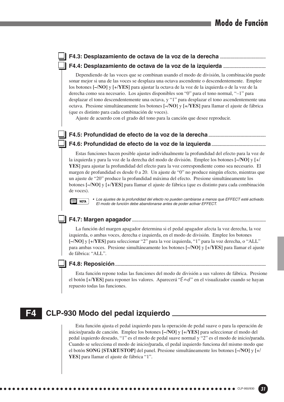 F4.3: desplazamiento de octava de la voz, De la derecha, F4.4: desplazamiento de octava de la voz | De la izquierda, F4.5: profundidad de efecto de la voz de, La derecha, F4.6: profundidad de efecto de la voz de, La izquierda, F4.7: margen apagador f4.8: reposición, F4: clp-930 modo del pedal izquierdo | Yamaha Clavinova CLP-930 User Manual | Page 31 / 66