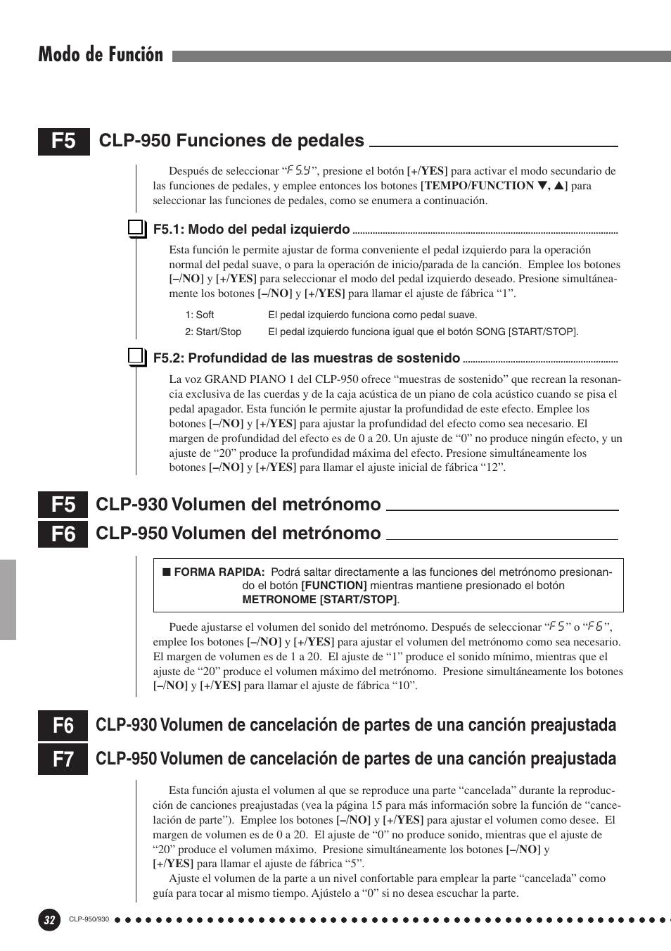 F5: clp-950 funciones de pedales, F5: clp-930 volumen del metrónomo, F6: clp-950 volumen del metrónomo | F6: clp-930 volumen de cancelación de, Partes de una canción preajustada, F7: clp-950 volumen de cancelación de, Modo de función, Clp-950 volumen del metrónomo, Clp-930 volumen del metrónomo, Clp-950 funciones de pedales | Yamaha Clavinova CLP-930 User Manual | Page 32 / 66