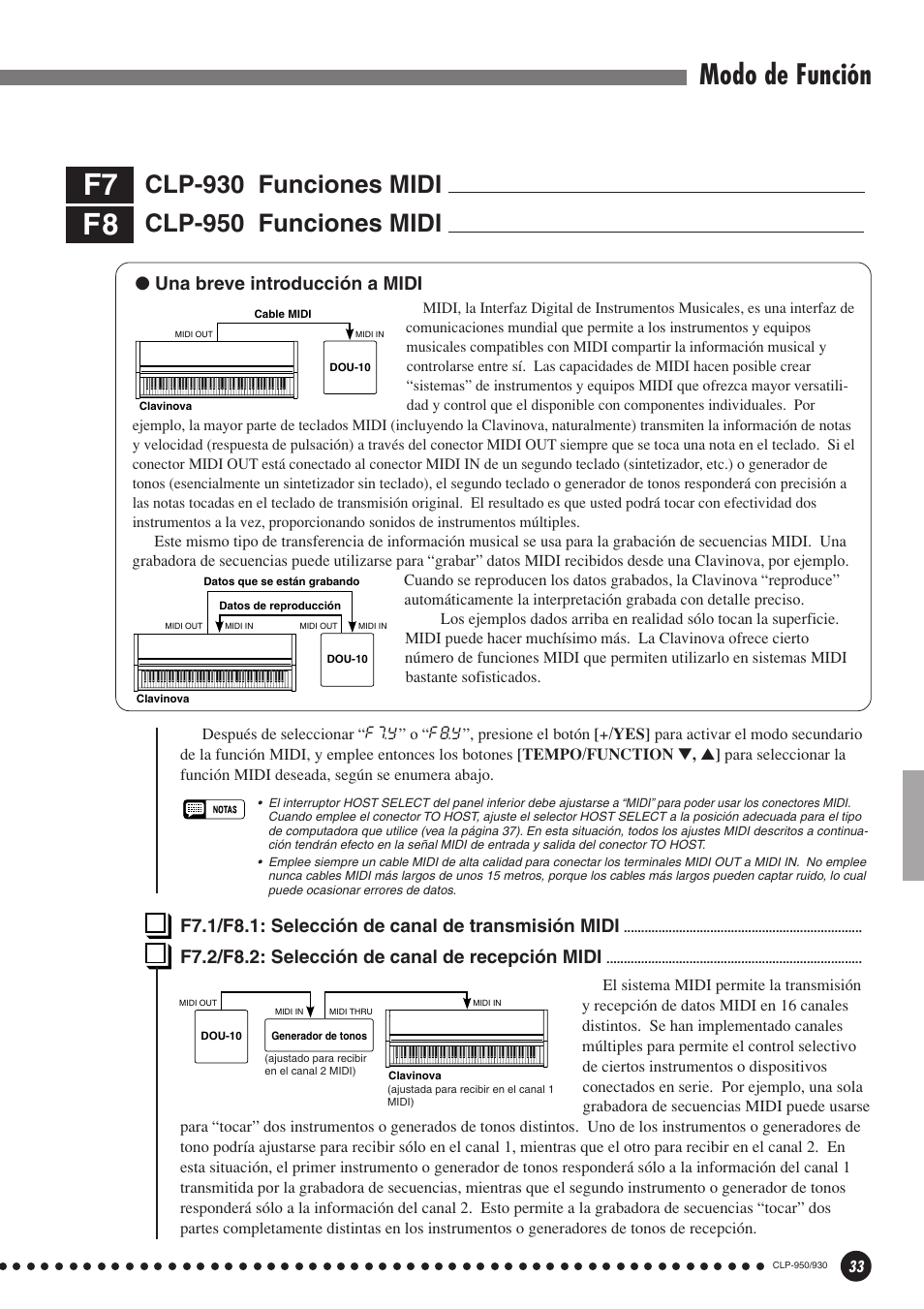 F7: clp-930 funciones midi, F8: clp-950 funciones midi, Una breve introducción a midi | Modo de función, Clp-950 funciones midi, Clp-930 funciones midi, F7.1/f8.1: selección de canal de transmisión midi, F7.2/f8.2: selección de canal de recepción midi | Yamaha Clavinova CLP-930 User Manual | Page 33 / 66