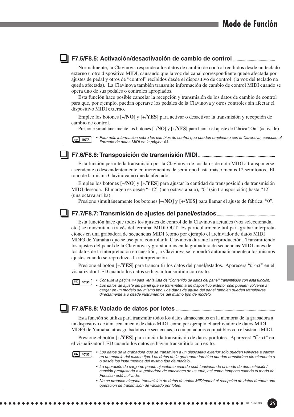 F7.5/f8.5: activación/desactivación de cambio, De control, Panel/estados | F7.8/f8.8: vaciado de datos por lotes, Modo de función, F7.6/f8.6: transposición de transmisión midi | Yamaha Clavinova CLP-930 User Manual | Page 35 / 66