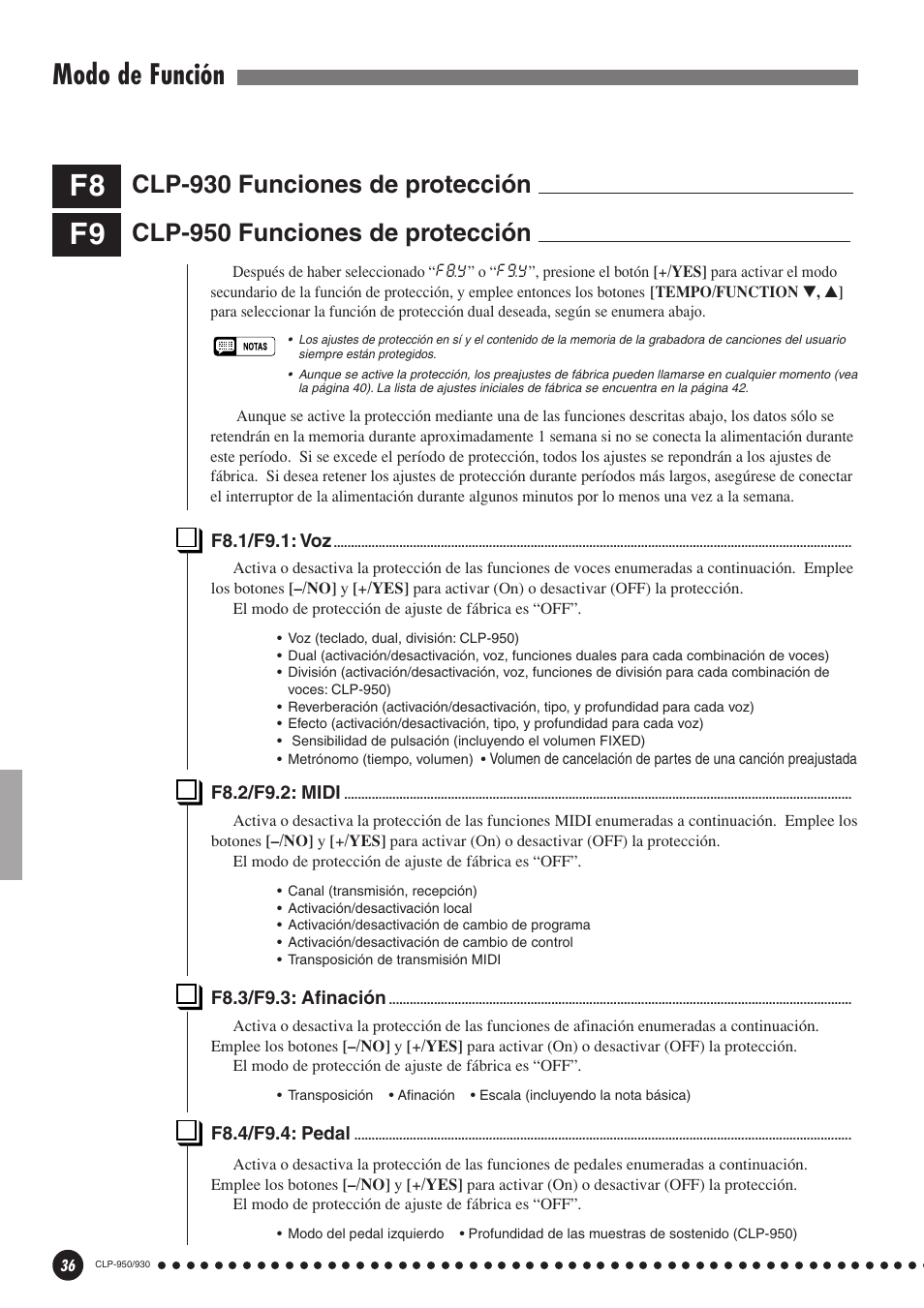 F8: clp-930 funciones de protección, F9: clp-950 funciones de protección, Modo de función | Clp-950 funciones de protección, Clp-930 funciones de protección | Yamaha Clavinova CLP-930 User Manual | Page 36 / 66