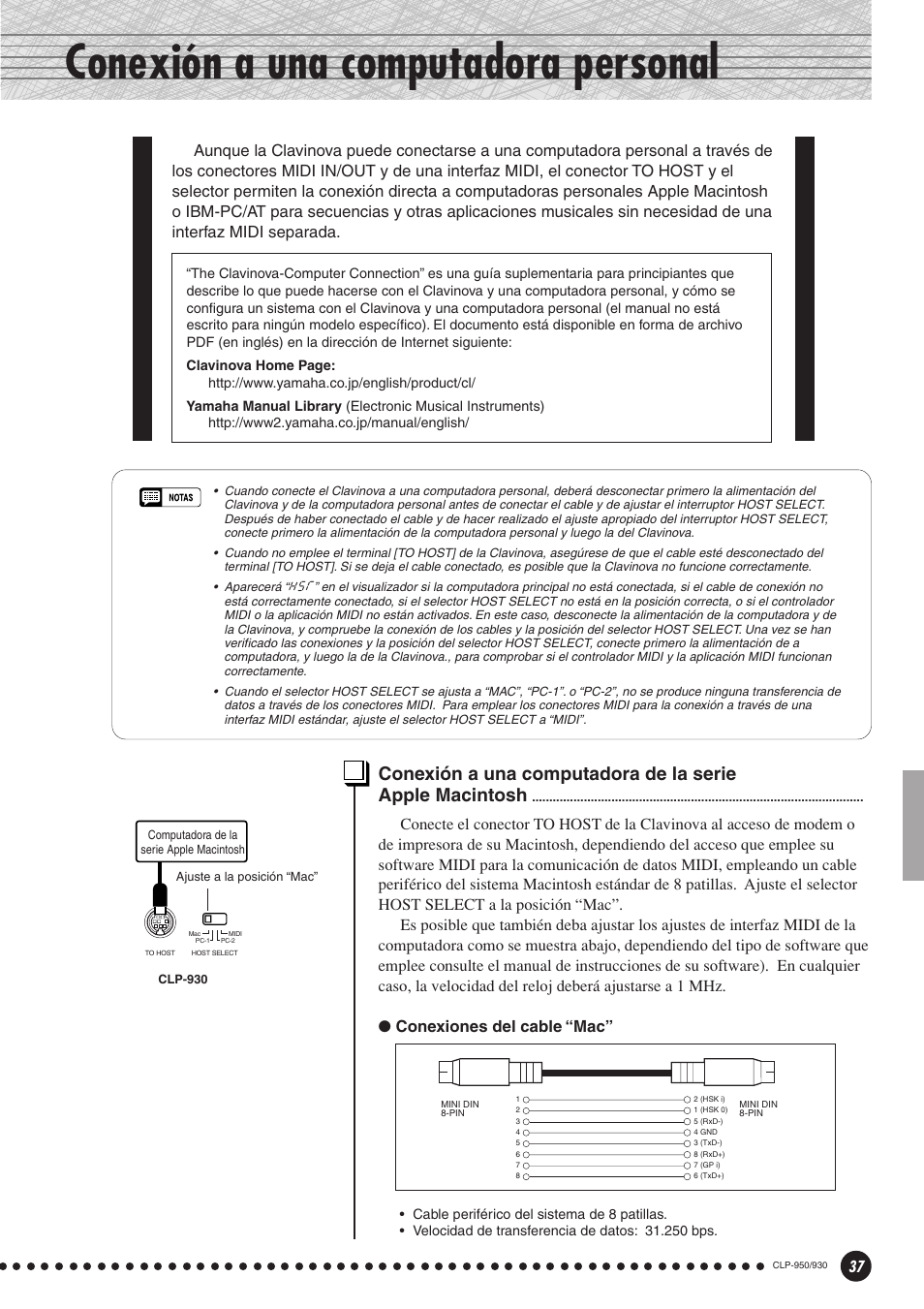 Conexión a una computadora personal, Conexión a una computadora de la, Serie apple macintosh | Conexiones del cable “mac | Yamaha Clavinova CLP-930 User Manual | Page 37 / 66