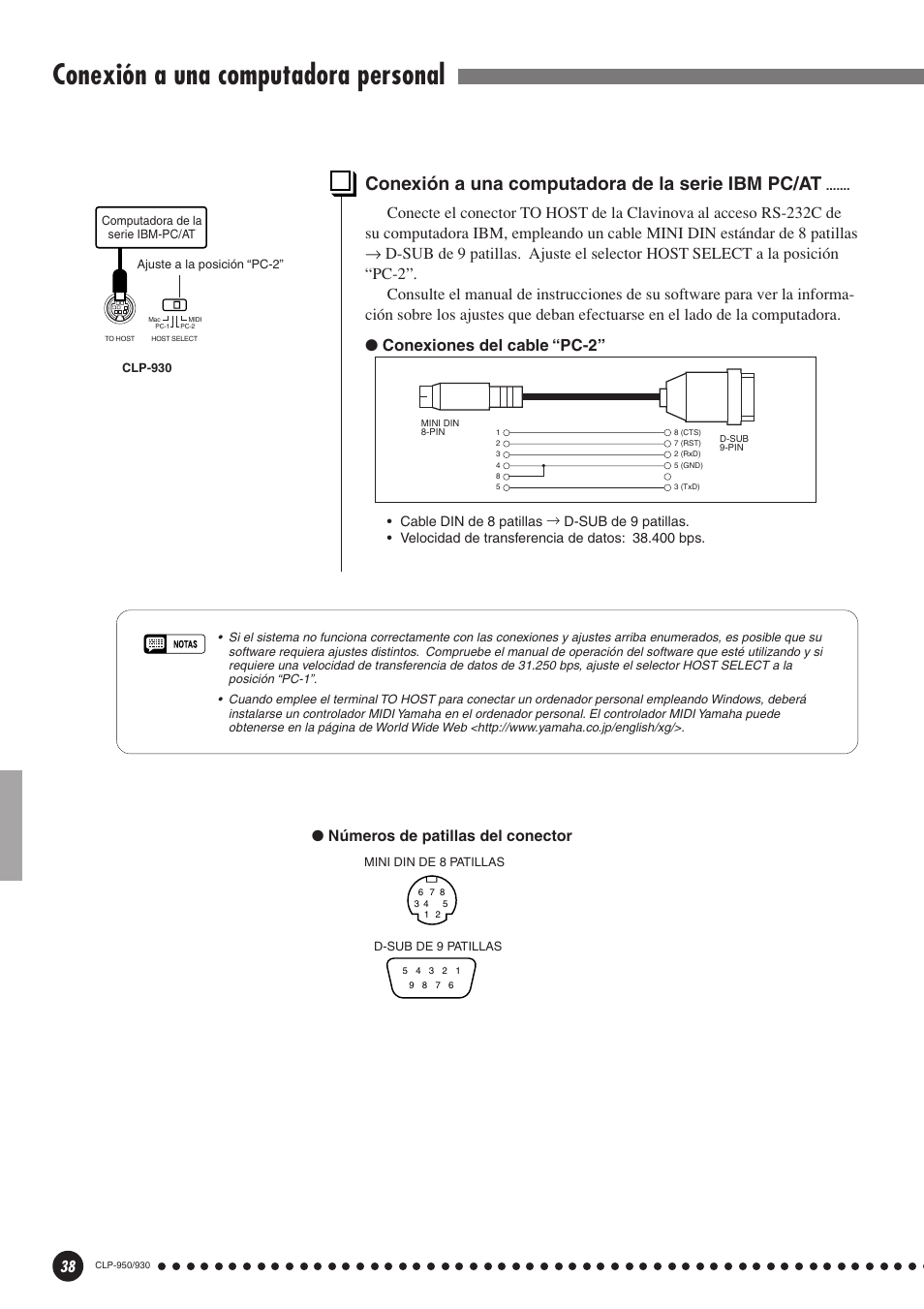 Conexión a una computadora de la, Serie ibm pc/at, Conexión a una computadora personal | Conexión a una computadora de la serie ibm pc/at, Conexiones del cable “pc-2, Números de patillas del conector | Yamaha Clavinova CLP-930 User Manual | Page 38 / 66