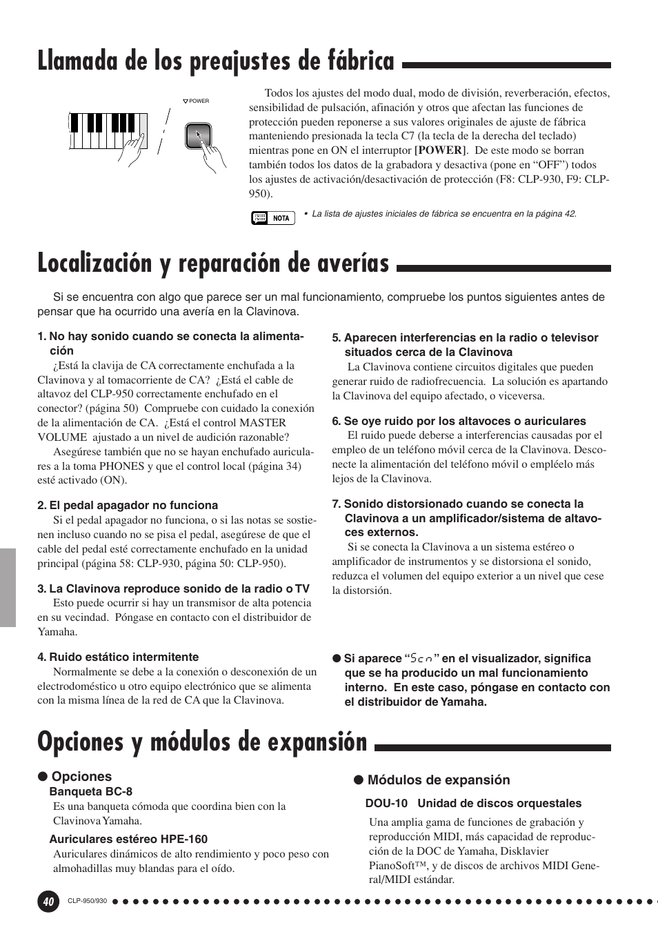 Llamada de los preajustes de fábrica, Localización y reparación de averías, Opciones y módulos de expansión | Yamaha Clavinova CLP-930 User Manual | Page 40 / 66