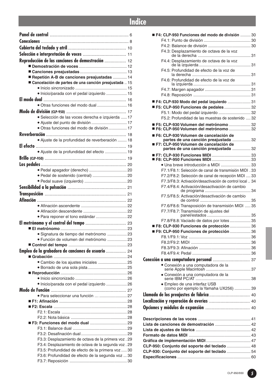 Indice, Panel de control, Conexiones | Cubierta del teclado y atril, Selección e interpretación de voces, Reproducción de las canciones de demostración, El modo dual, Modo de división, Reverberación, El efecto | Yamaha Clavinova CLP-930 User Manual | Page 5 / 66