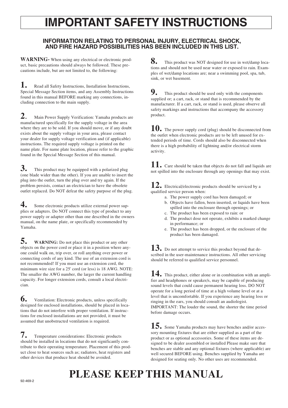 Important safety instructions, Please keep this manual | Yamaha Clavinova CLP-930 User Manual | Page 63 / 66