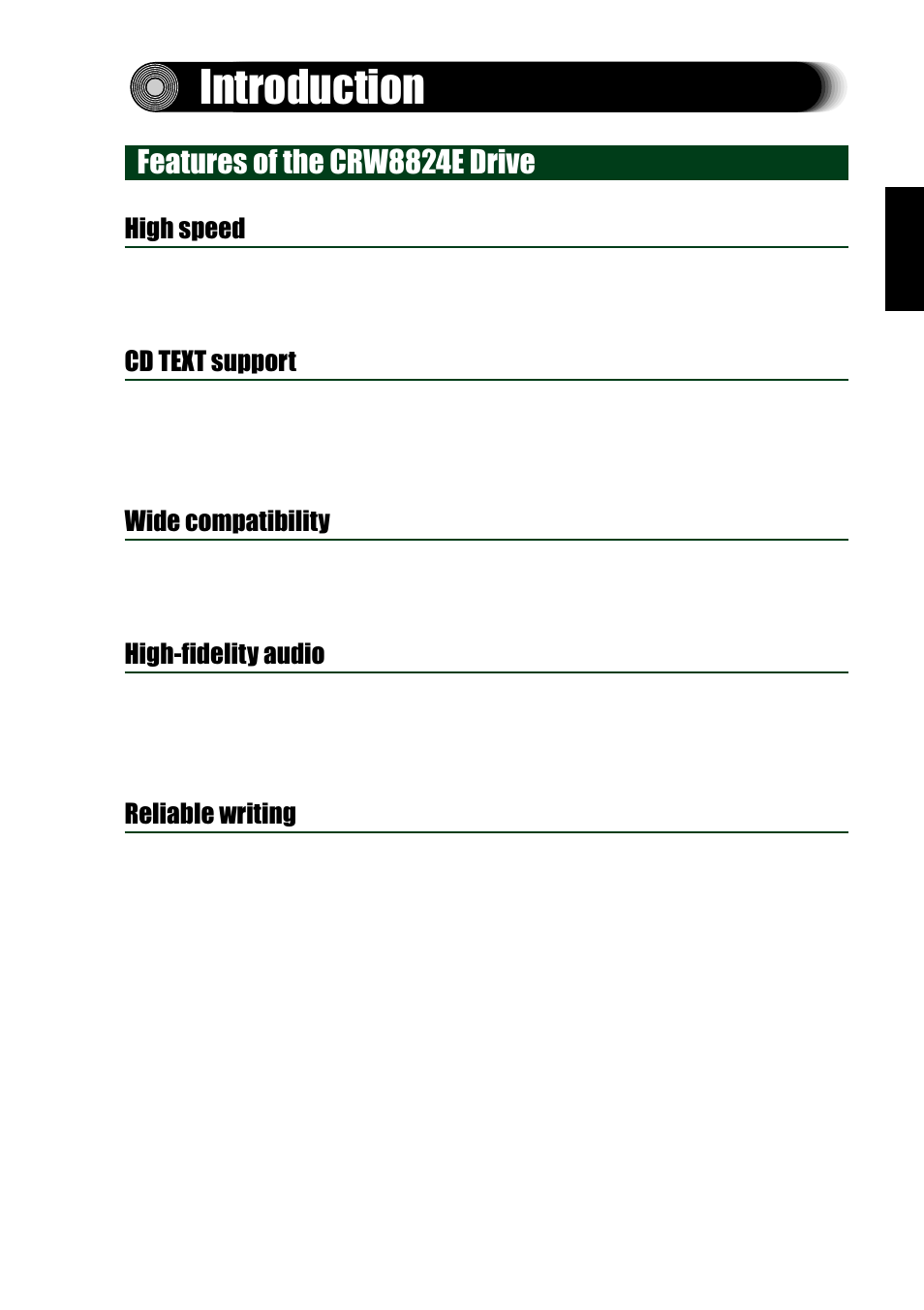 Introduction, Features of the crw8824e drive, High speed | Cd text support, Wide compatibility, High-fidelity audio, Reliable writing | Yamaha CD Recordable/Rewritable Drive CRW8824E-NB User Manual | Page 10 / 45