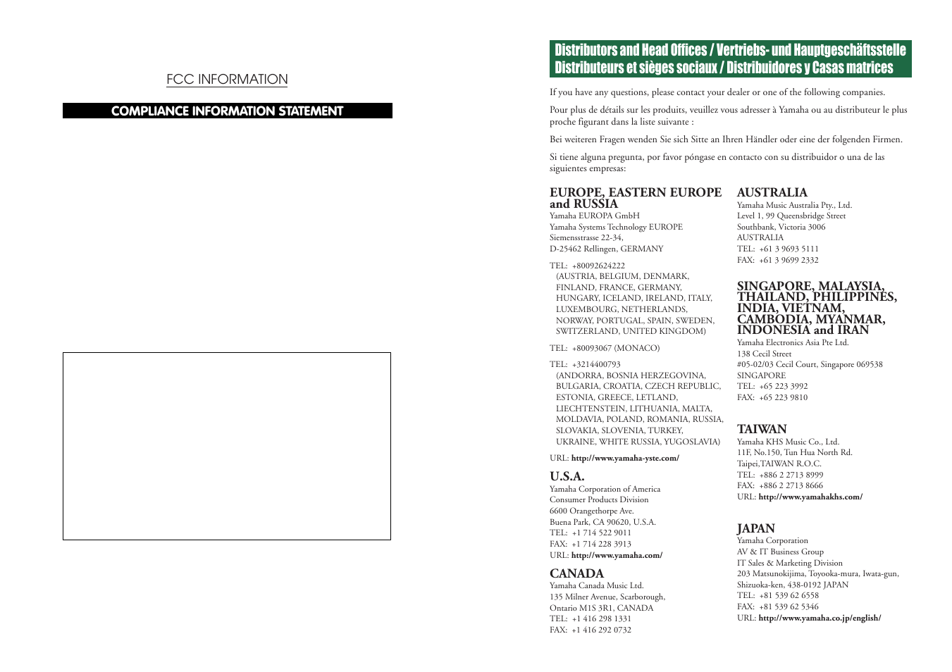 Europe, eastern europe and russia, U.s.a, Canada | Australia, Taiwan, Japan, Compliance information statement, Fcc information | Yamaha CD Recordable/Rewritable Drive CRW8824E-NB User Manual | Page 2 / 45