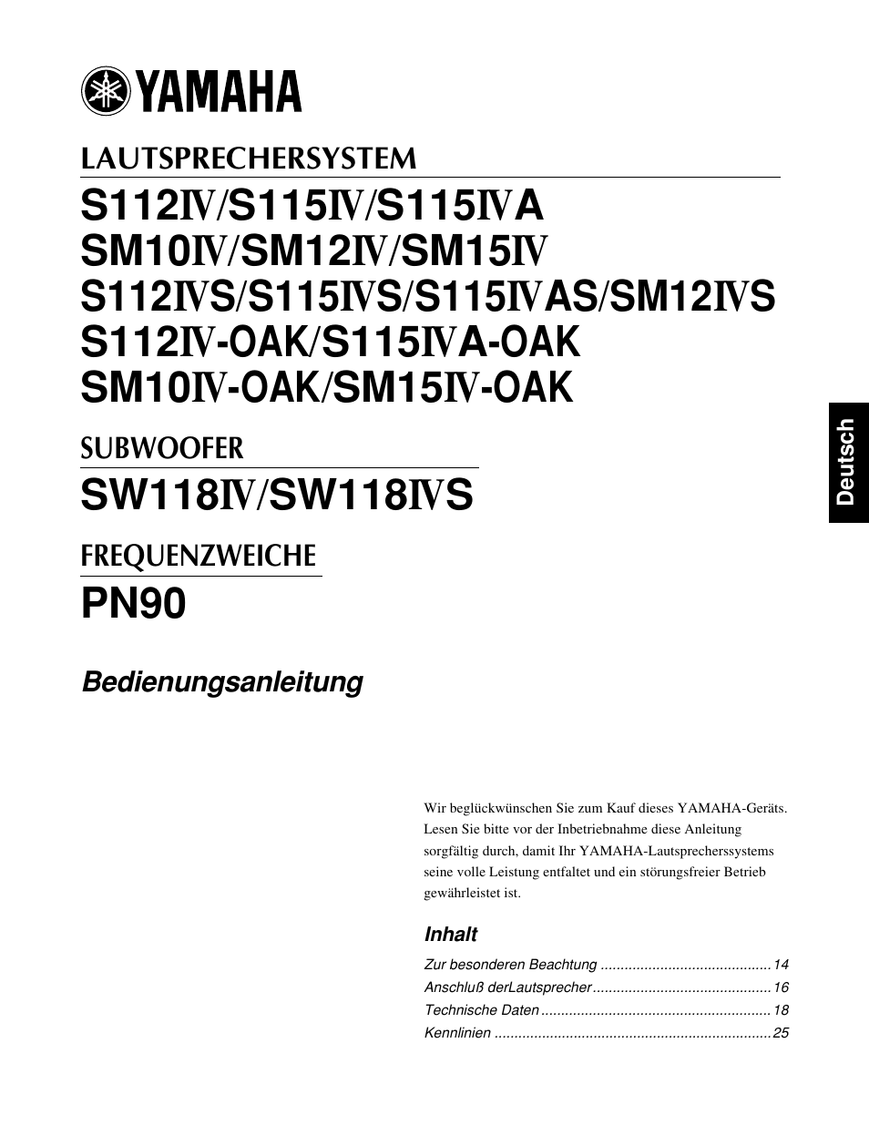 Deutsch, Inhalt, S112 | S115, Asm10, Sm12, Sm15, S / s115, As / sm12, Ss112 | Yamaha SW118IVS User Manual | Page 13 / 36