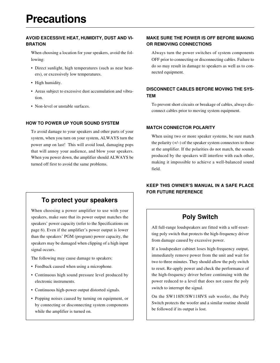 Precautions, Poly switch | Yamaha SW118IVS User Manual | Page 2 / 36