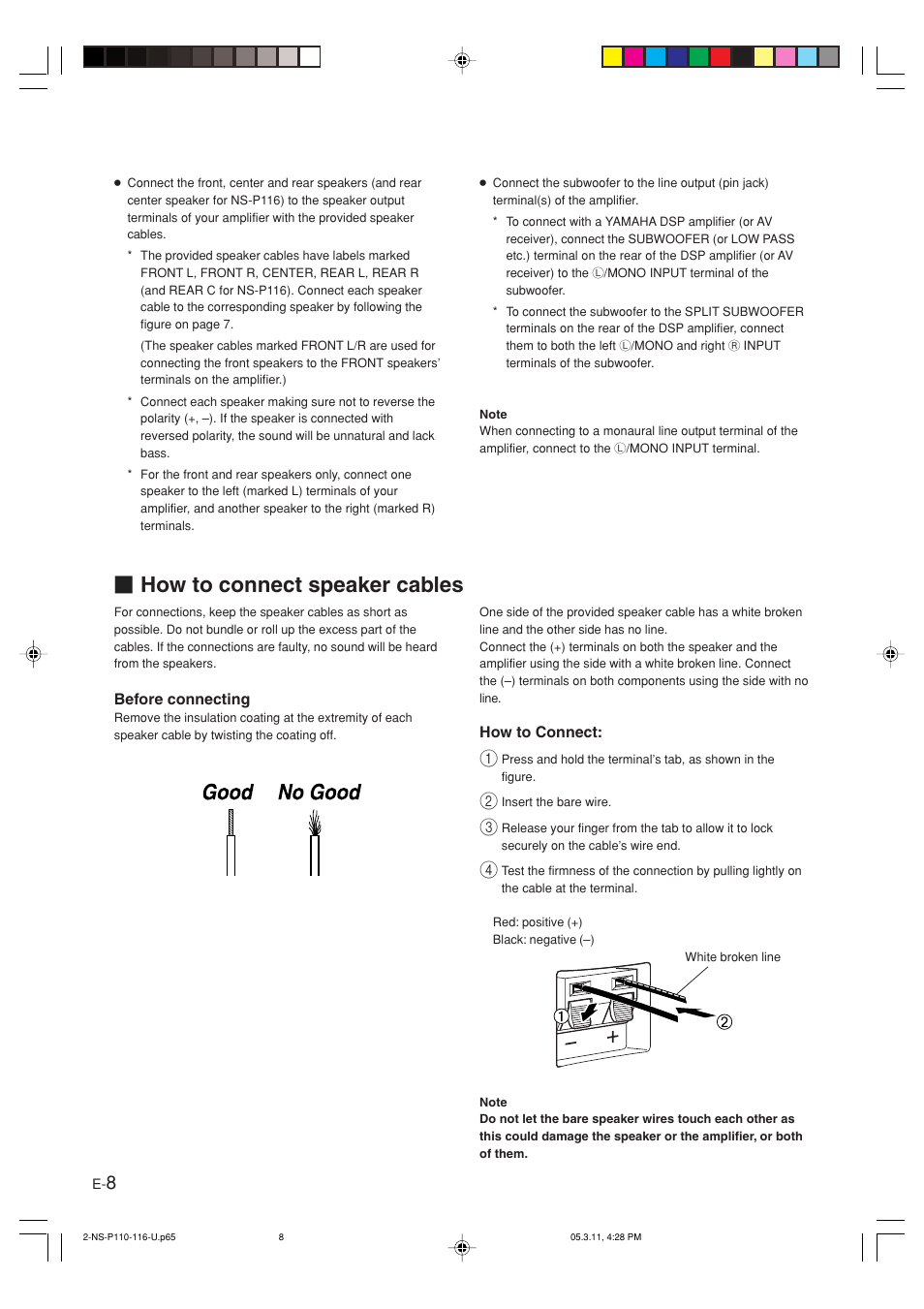 How to connect speaker cables | Yamaha NS-P116 User Manual | Page 12 / 19