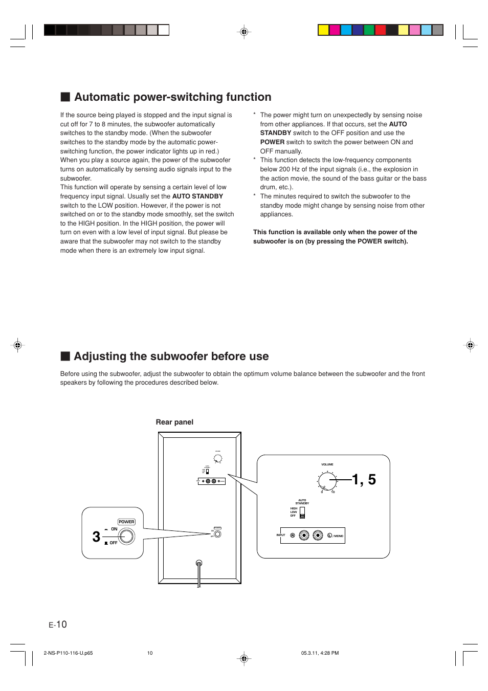 Automatic power-switching function, Adjusting the subwoofer before use, Rear panel | Yamaha NS-P116 User Manual | Page 14 / 19