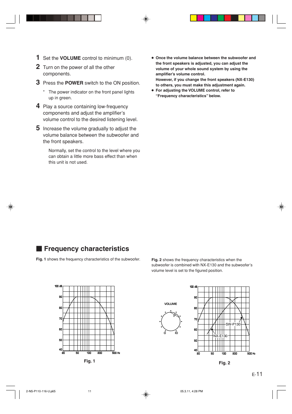 Frequency characteristics, English, Set the volume control to minimum (0) | Turn on the power of all the other components, Press the power switch to the on position | Yamaha NS-P116 User Manual | Page 15 / 19