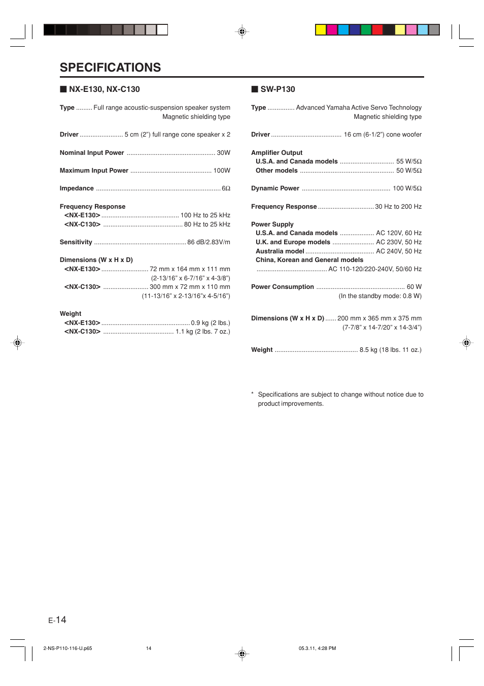 Specifications | Yamaha NS-P116 User Manual | Page 18 / 19