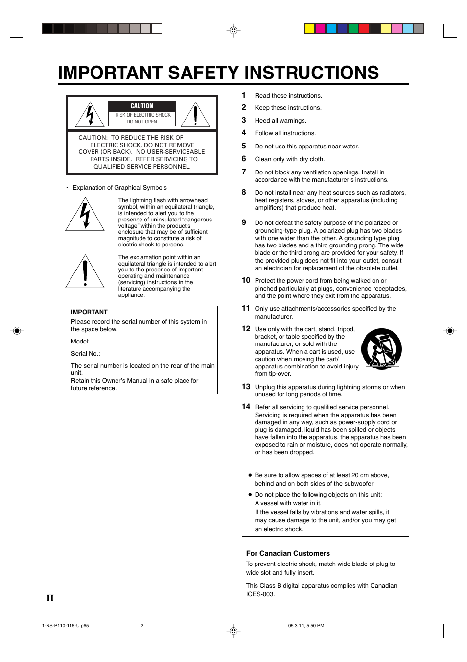 Important safety instructions | Yamaha NS-P116 User Manual | Page 2 / 19