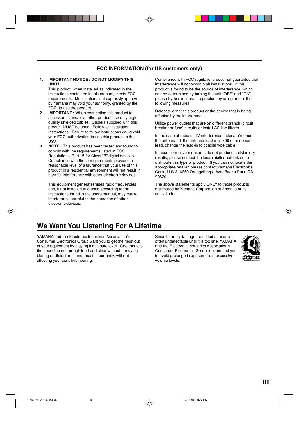 We want you listening for a lifetime | Yamaha NS-P116 User Manual | Page 3 / 19