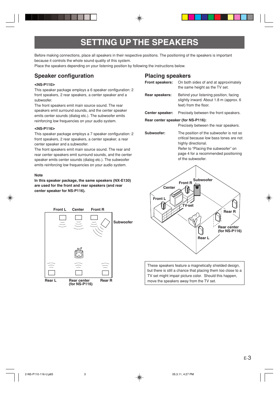 Setting up the speakers, Speaker configuration, Placing speakers | English | Yamaha NS-P116 User Manual | Page 7 / 19