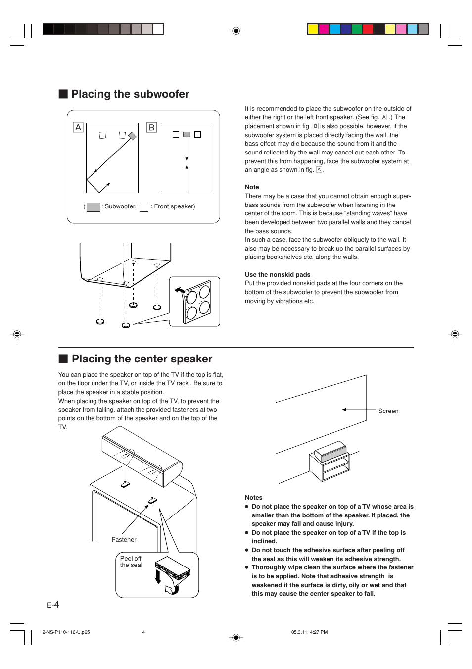 Placing the subwoofer, Placing the center speaker | Yamaha NS-P116 User Manual | Page 8 / 19