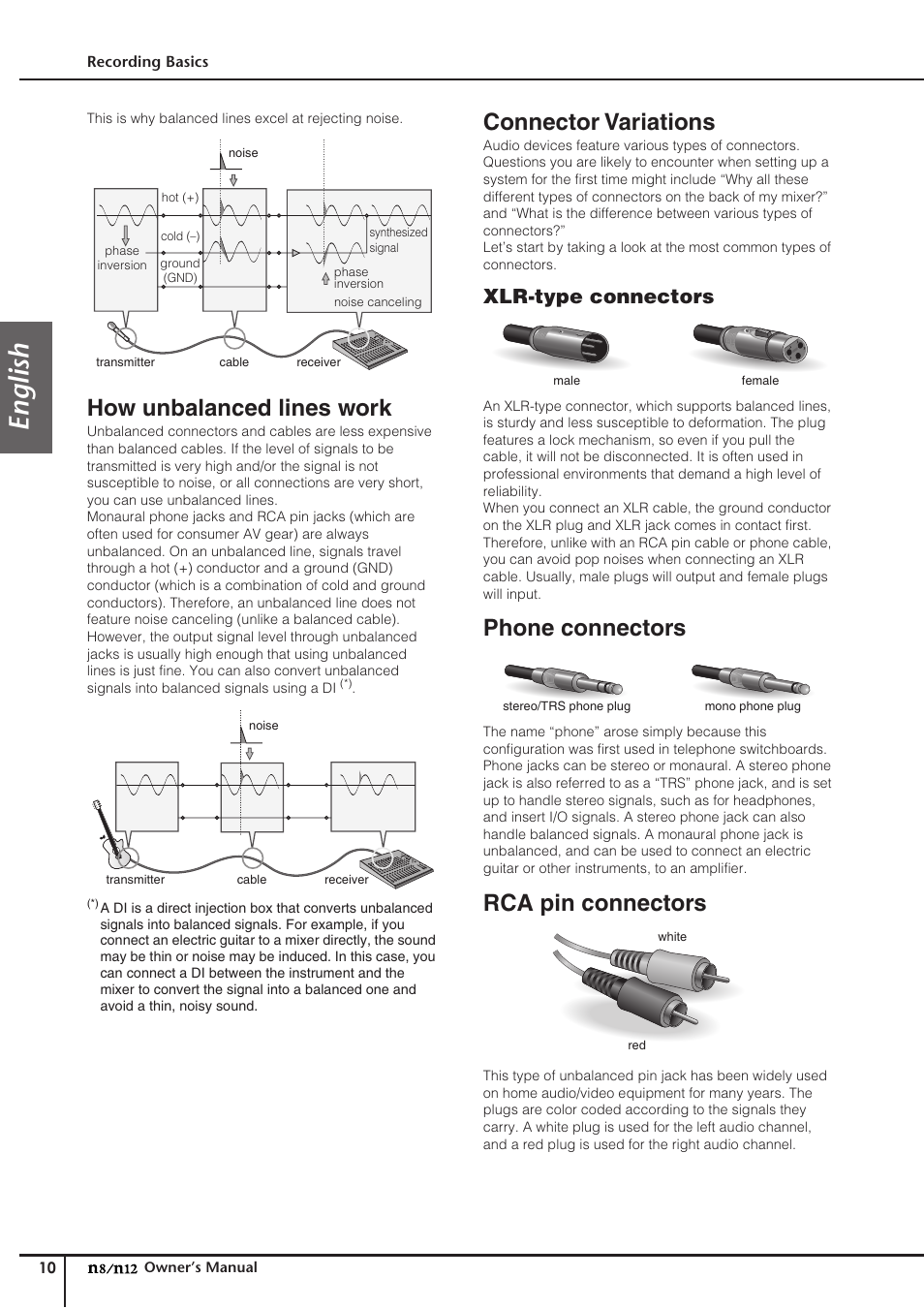 How unbalanced lines work, Connector variations, Phone connectors | Rca pin connectors, English, Xlr-type connectors | Yamaha DIGITAL MIXING STUDIO N8 User Manual | Page 10 / 66