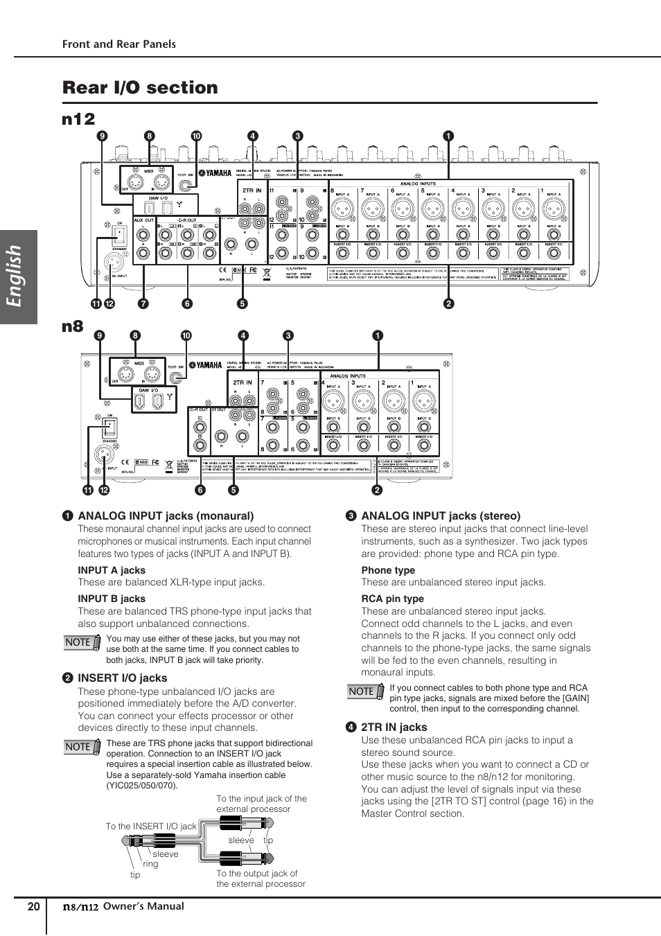 Rear i/o section, English, N12 n8 | Yamaha DIGITAL MIXING STUDIO N8 User Manual | Page 20 / 66