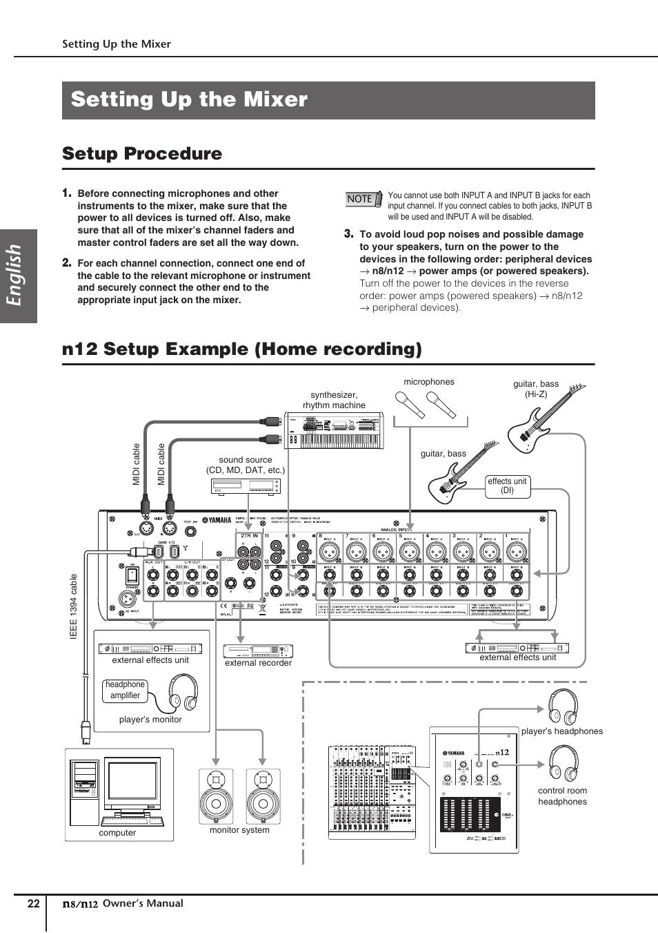 Setting up the mixer, Setup procedure, N12 setup example (home recording) | English | Yamaha DIGITAL MIXING STUDIO N8 User Manual | Page 22 / 66