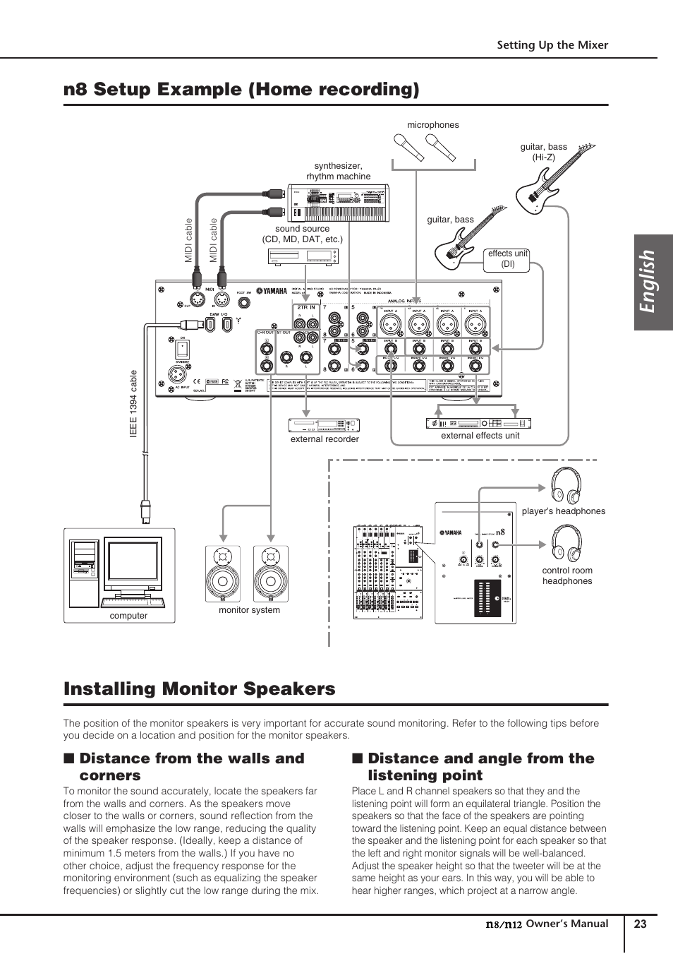 N8 setup example (home recording), Installing monitor speakers, English | Distance from the walls and corners, Distance and angle from the listening point | Yamaha DIGITAL MIXING STUDIO N8 User Manual | Page 23 / 66