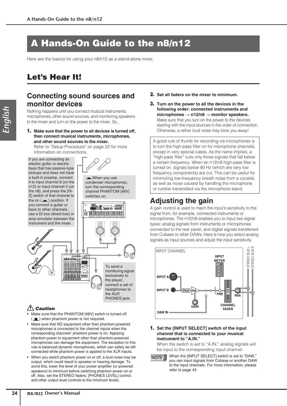 A hands-on guide to the n8/n12, Let’s hear it, Connecting sound sources and monitor devices | Adjusting the gain, Connecting sound sources and, Monitor devices, English | Yamaha DIGITAL MIXING STUDIO N8 User Manual | Page 24 / 66