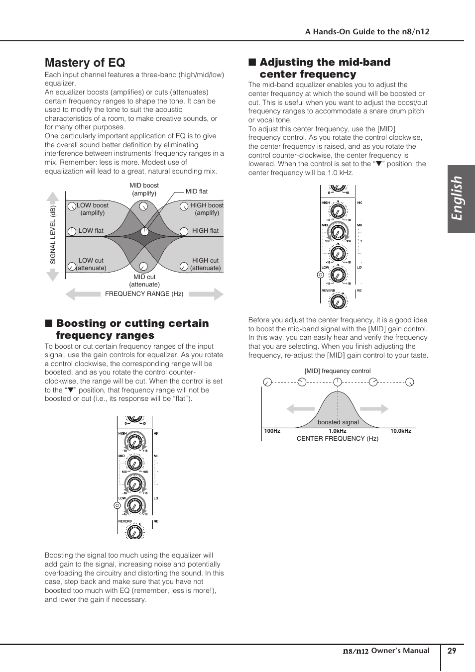 Mastery of eq, English, Boosting or cutting certain frequency ranges | Adjusting the mid-band center frequency | Yamaha DIGITAL MIXING STUDIO N8 User Manual | Page 29 / 66
