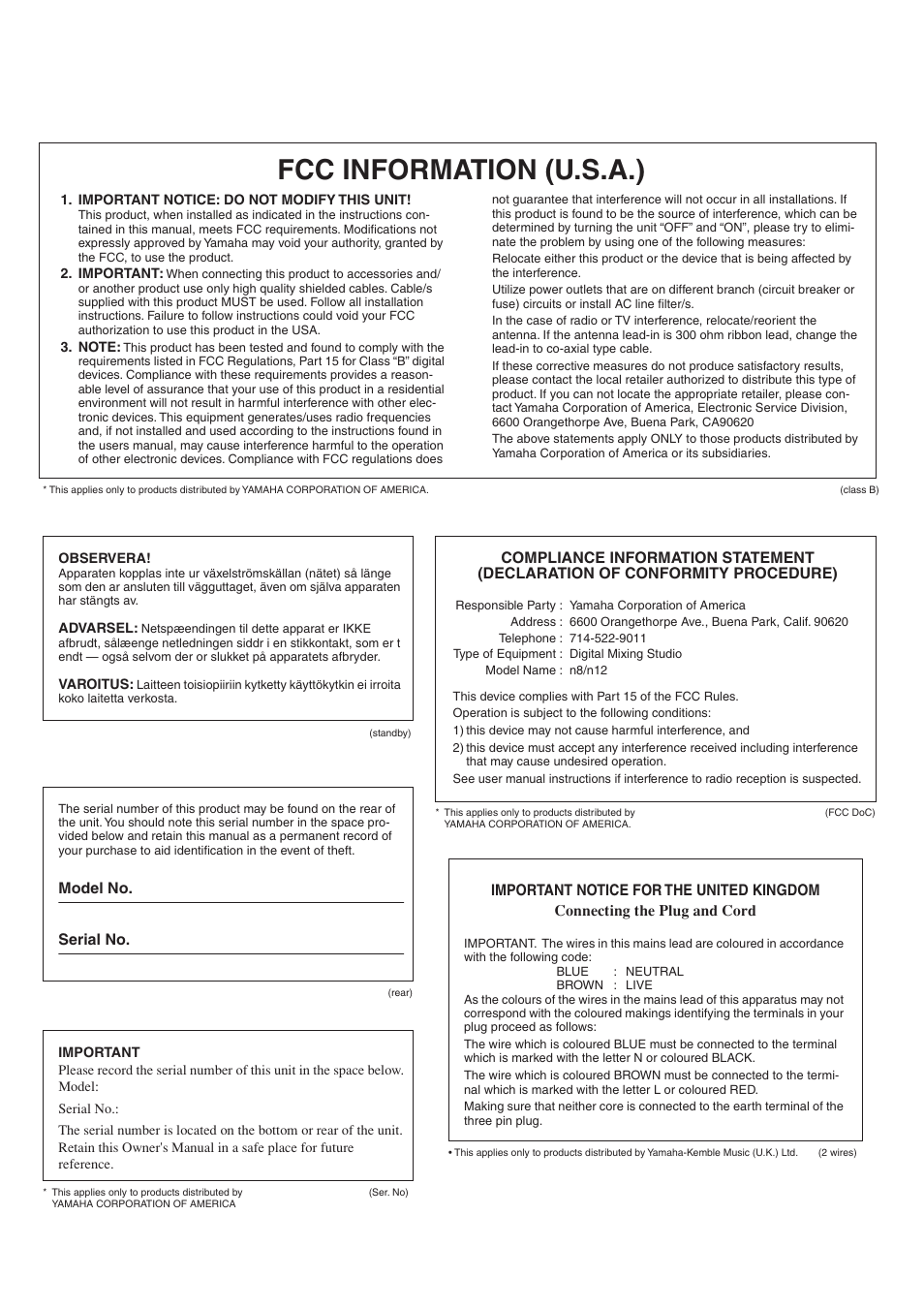 Fcc information (u.s.a.) | Yamaha DIGITAL MIXING STUDIO N8 User Manual | Page 3 / 66