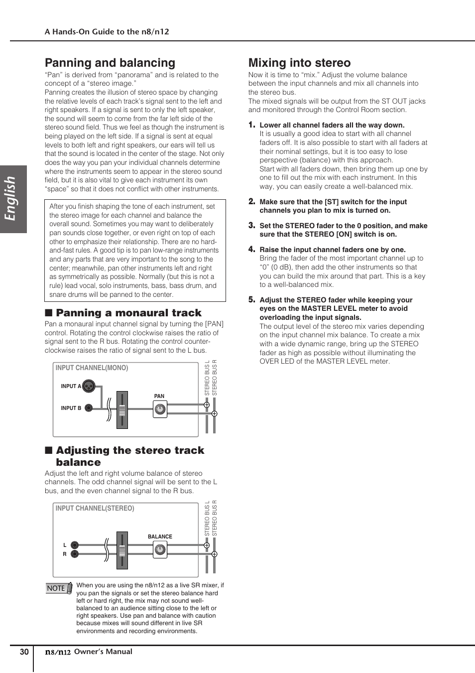 Panning and balancing, Mixing into stereo, Panning and balancing mixing into stereo | English, Panning a monaural track, Adjusting the stereo track balance | Yamaha DIGITAL MIXING STUDIO N8 User Manual | Page 30 / 66