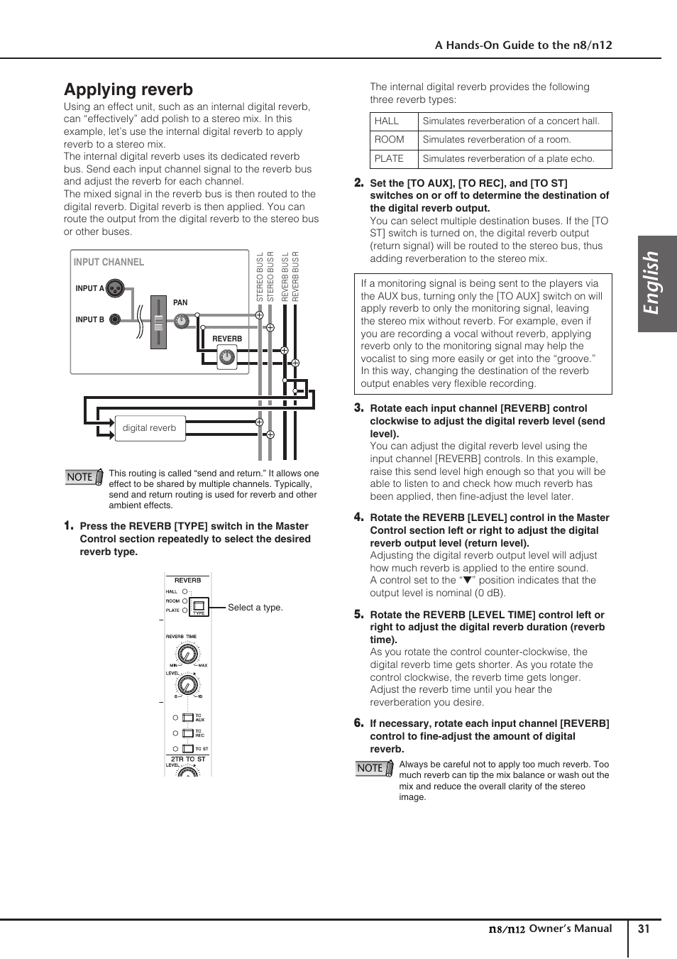 Applying reverb, English | Yamaha DIGITAL MIXING STUDIO N8 User Manual | Page 31 / 66