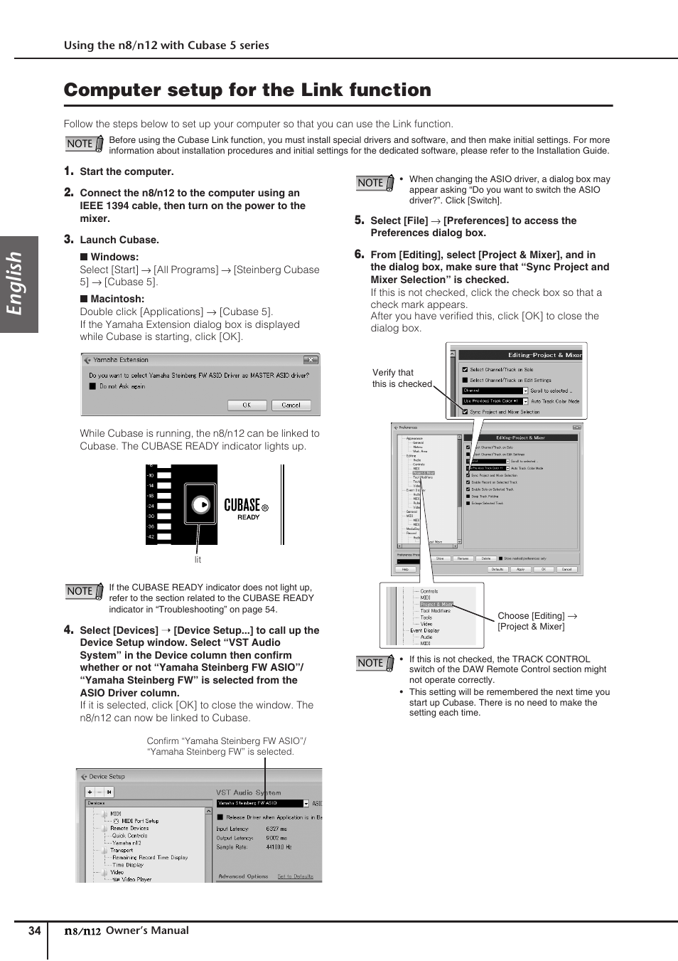 Computer setup for the link function, English | Yamaha DIGITAL MIXING STUDIO N8 User Manual | Page 34 / 66