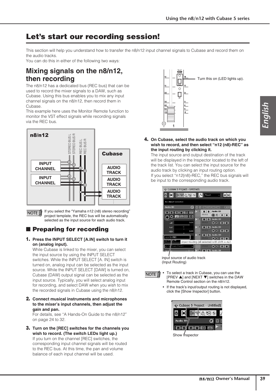 Let’s start our recording session, Mixing signals on the n8/n12, then recording, Mixing signals on the n8/n12 | Then recording, English, Preparing for recording | Yamaha DIGITAL MIXING STUDIO N8 User Manual | Page 39 / 66