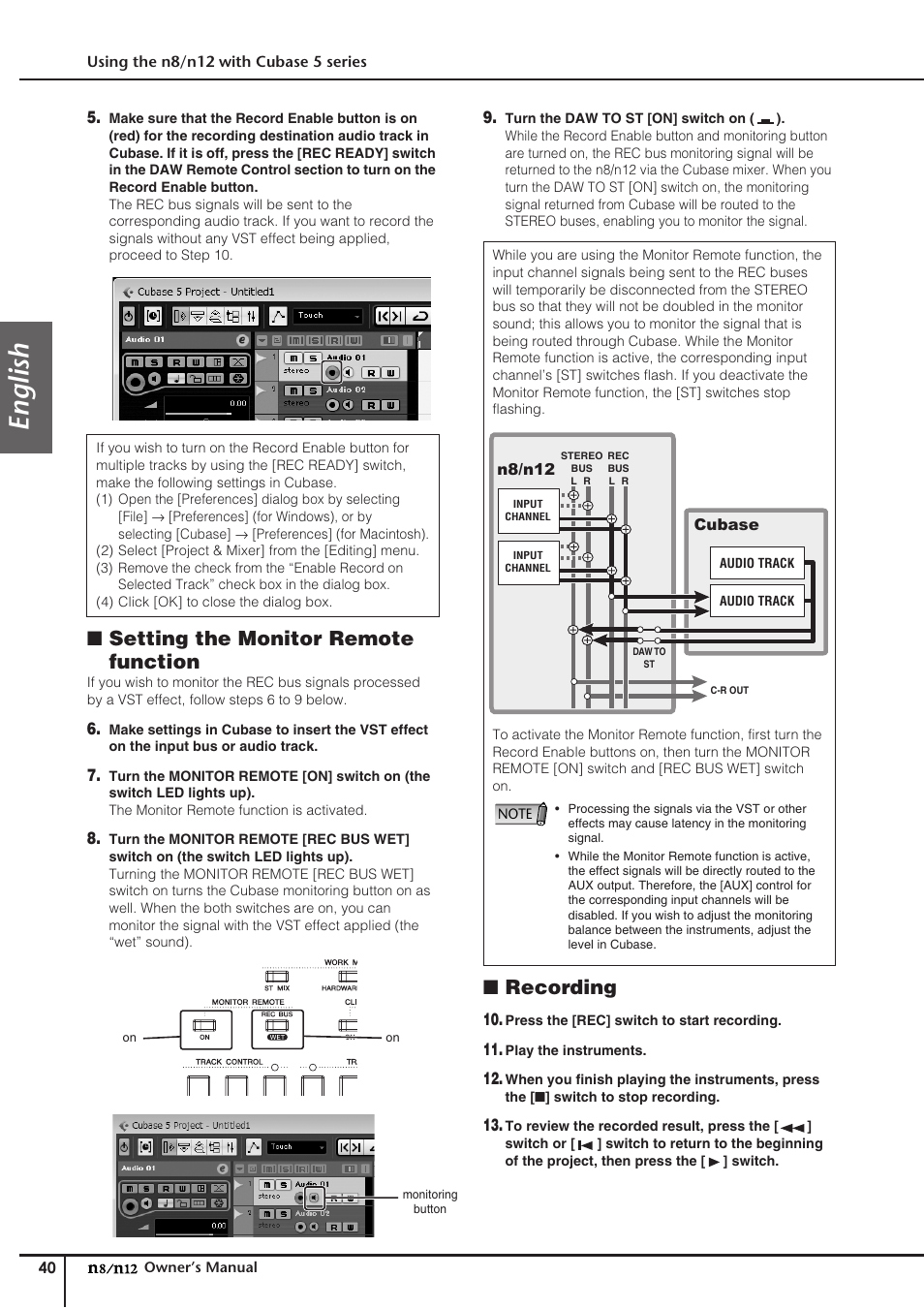 English, Setting the monitor remote function, Recording | Yamaha DIGITAL MIXING STUDIO N8 User Manual | Page 40 / 66