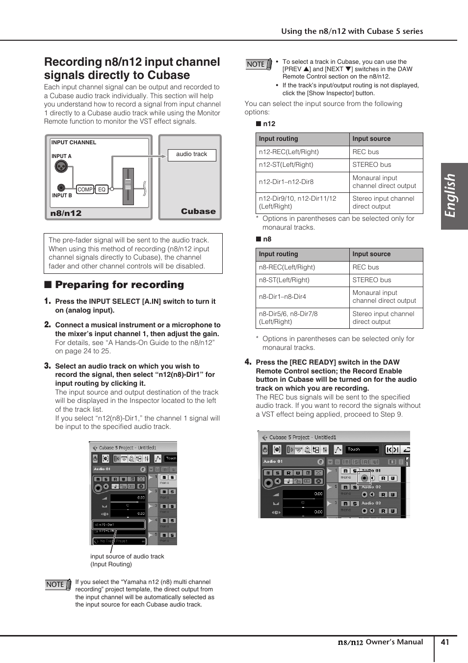 Recording n8/n12 input channel signals directly to, Cubase, English | Preparing for recording | Yamaha DIGITAL MIXING STUDIO N8 User Manual | Page 41 / 66