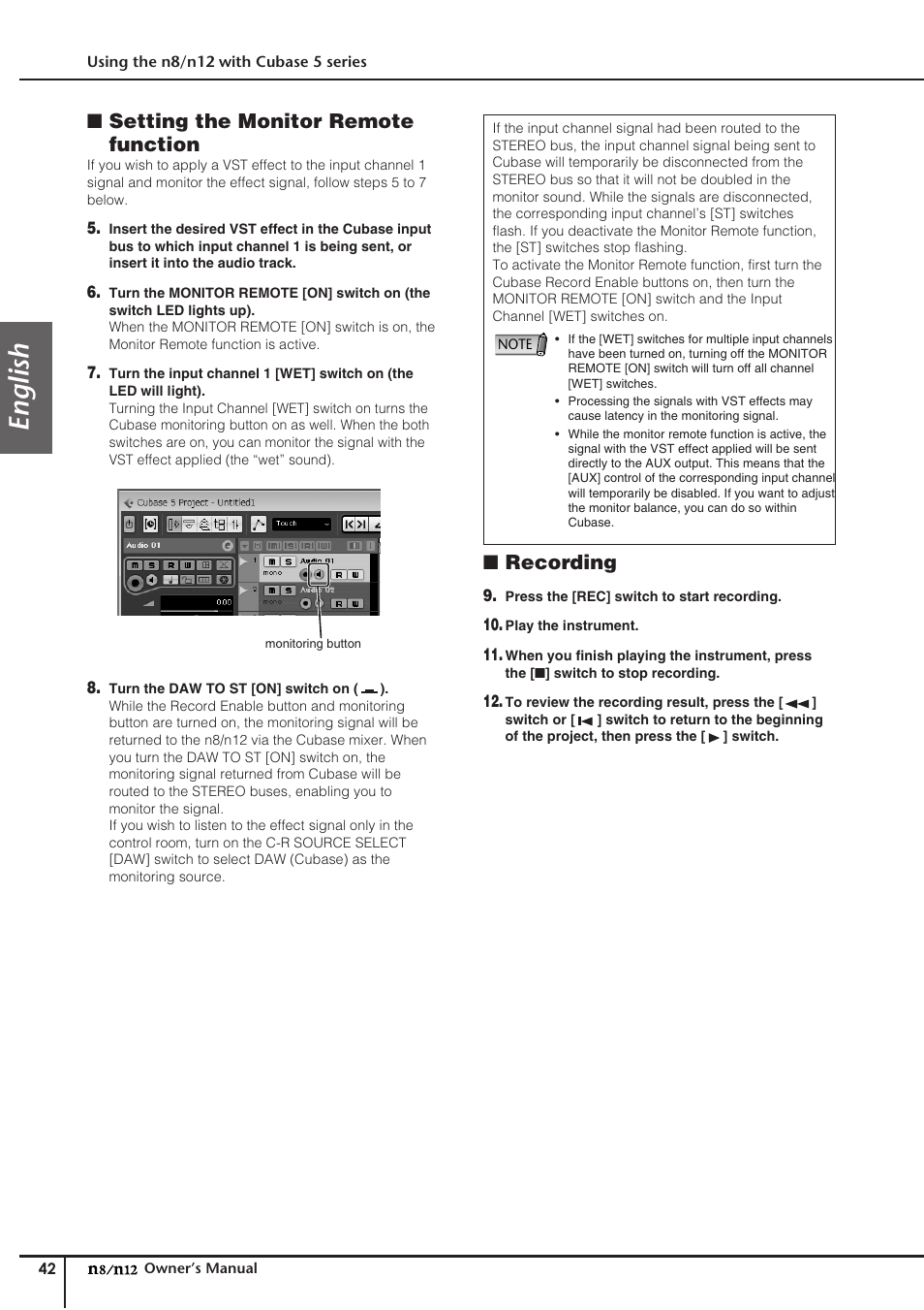 English, Setting the monitor remote function, Recording | Yamaha DIGITAL MIXING STUDIO N8 User Manual | Page 42 / 66