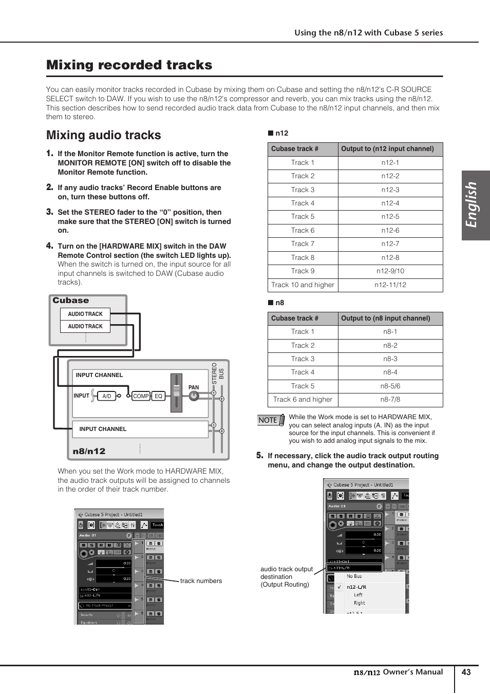 Mixing recorded tracks, Mixing audio tracks, English | Yamaha DIGITAL MIXING STUDIO N8 User Manual | Page 43 / 66