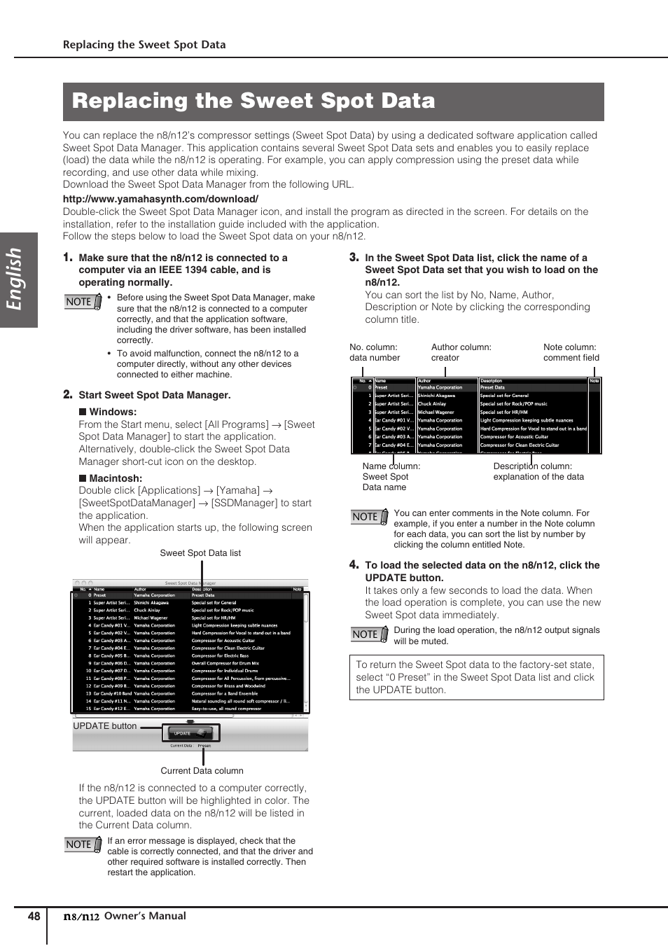 Replacing the sweet spot data, English | Yamaha DIGITAL MIXING STUDIO N8 User Manual | Page 48 / 66