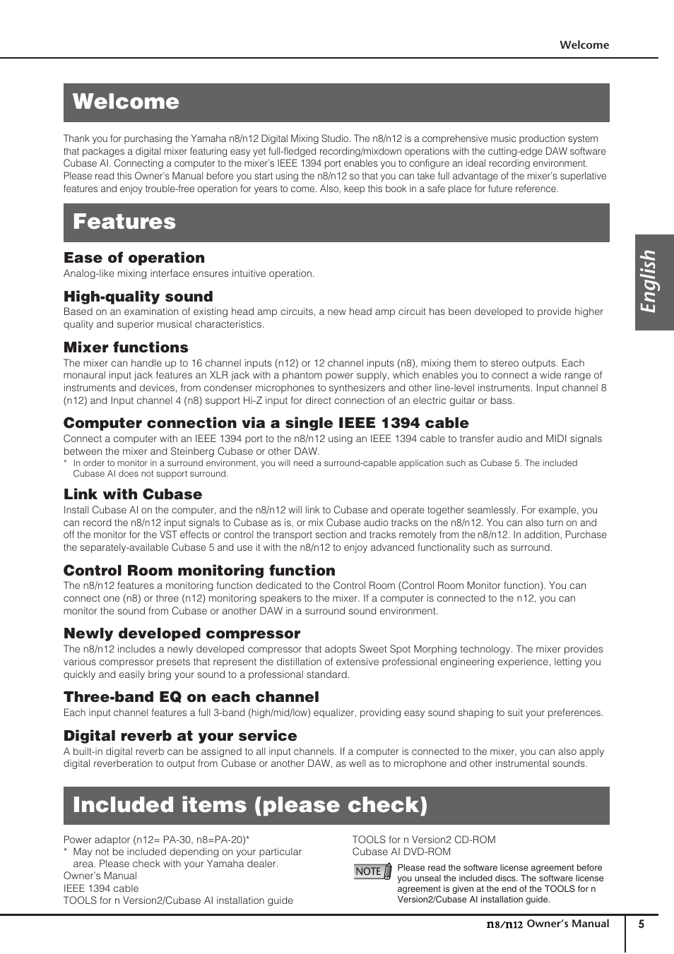 Welcome, Features, Included items (please check) | Welcome features included items (please check), English | Yamaha DIGITAL MIXING STUDIO N8 User Manual | Page 5 / 66