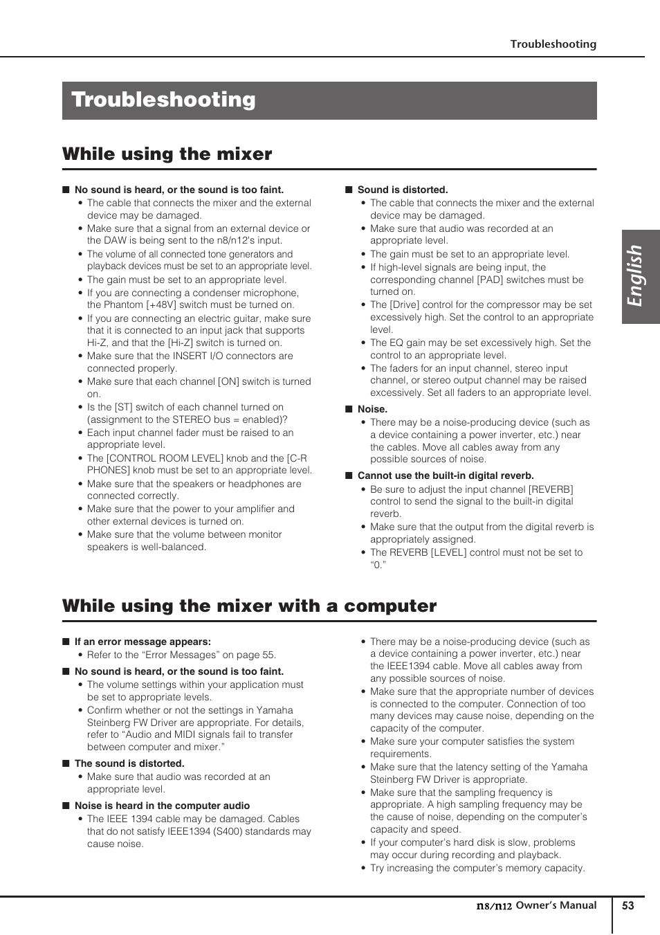 Troubleshooting, While using the mixer, While using the mixer with a computer | English | Yamaha DIGITAL MIXING STUDIO N8 User Manual | Page 53 / 66