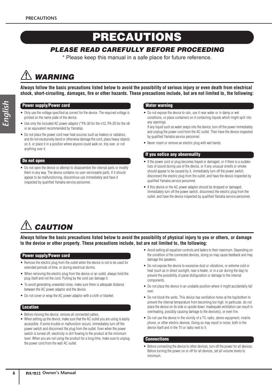 Precautions, English, Warning | Caution, Please read carefully before proceeding | Yamaha DIGITAL MIXING STUDIO N8 User Manual | Page 6 / 66