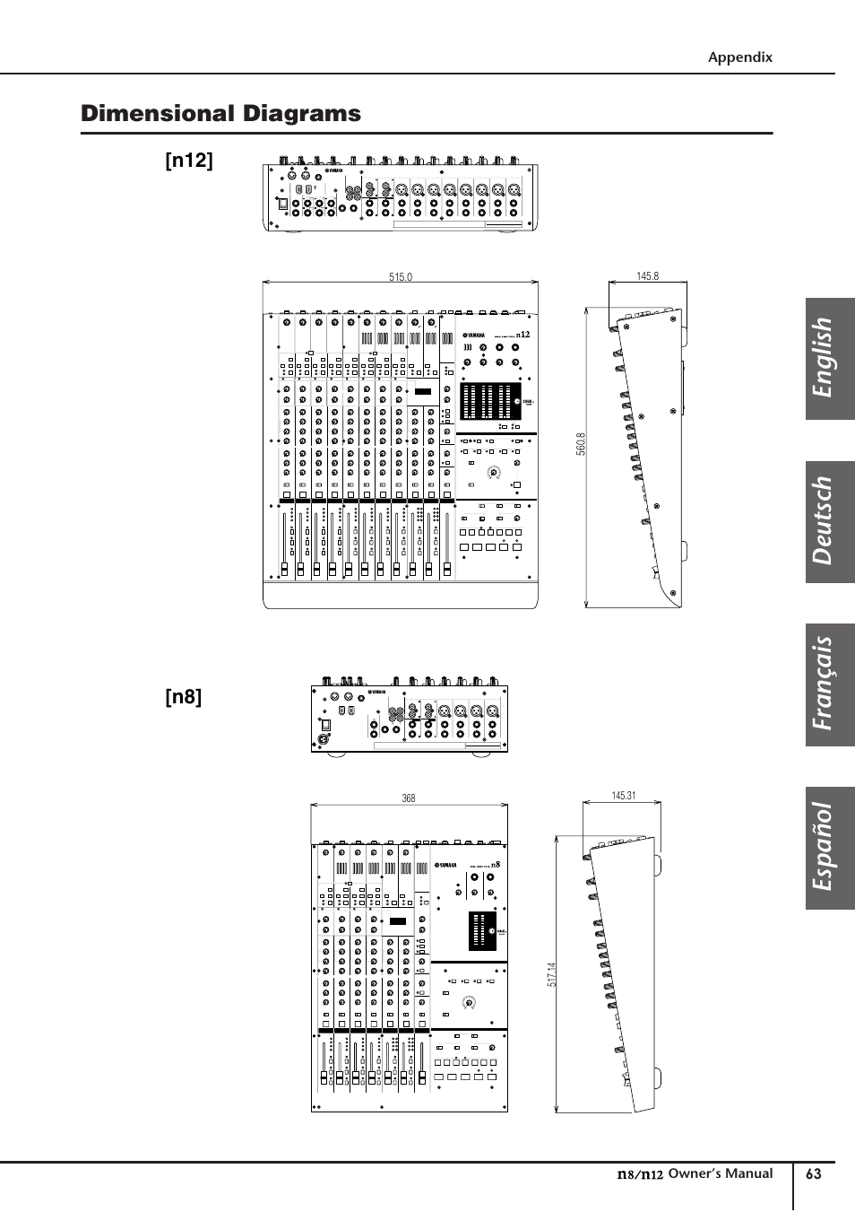 Dimensional diagrams, English deutsch français español | Yamaha DIGITAL MIXING STUDIO N8 User Manual | Page 63 / 66