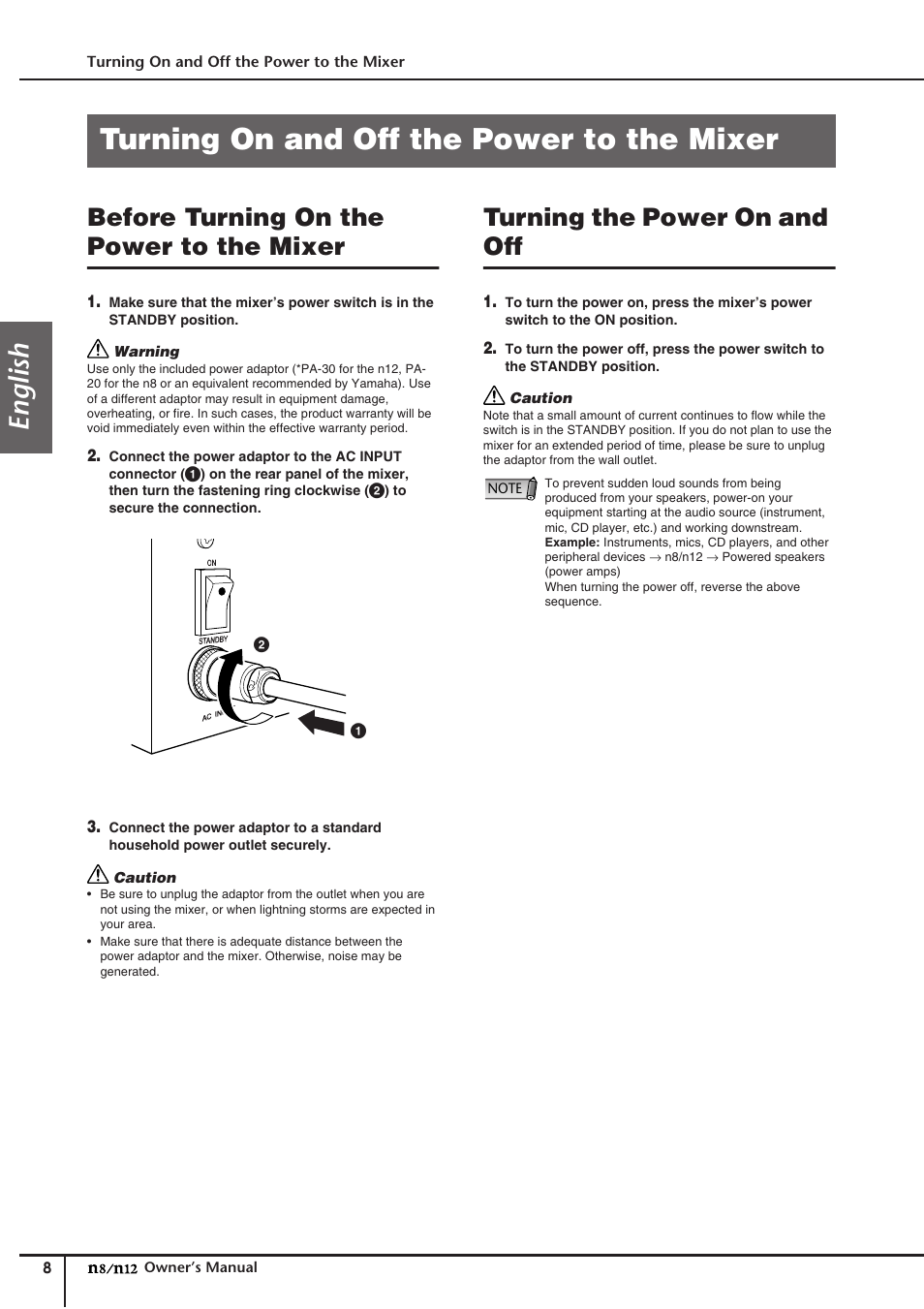 Turning on and off the power to the mixer, Before turning on the power to the mixer, Turning the power on and off | English | Yamaha DIGITAL MIXING STUDIO N8 User Manual | Page 8 / 66