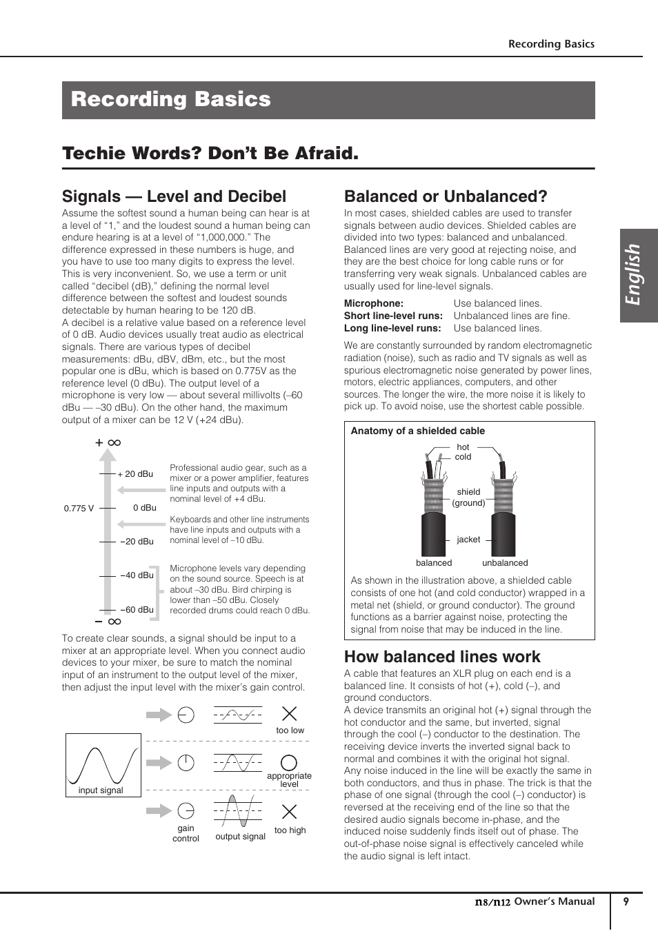 Recording basics, Techie words? don’t be afraid, Signals - level and decibel | Balanced or unbalanced, How balanced lines work, English, Signals — level and decibel | Yamaha DIGITAL MIXING STUDIO N8 User Manual | Page 9 / 66