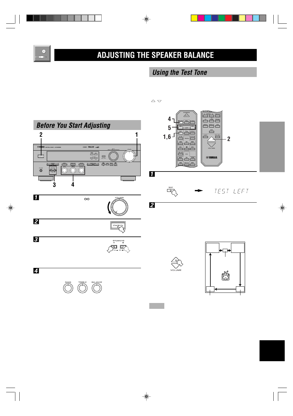 Adjusting the speaker balance, Using the test tone, Before you start adjusting 1 | Yamaha HTR-5230RDS User Manual | Page 19 / 50