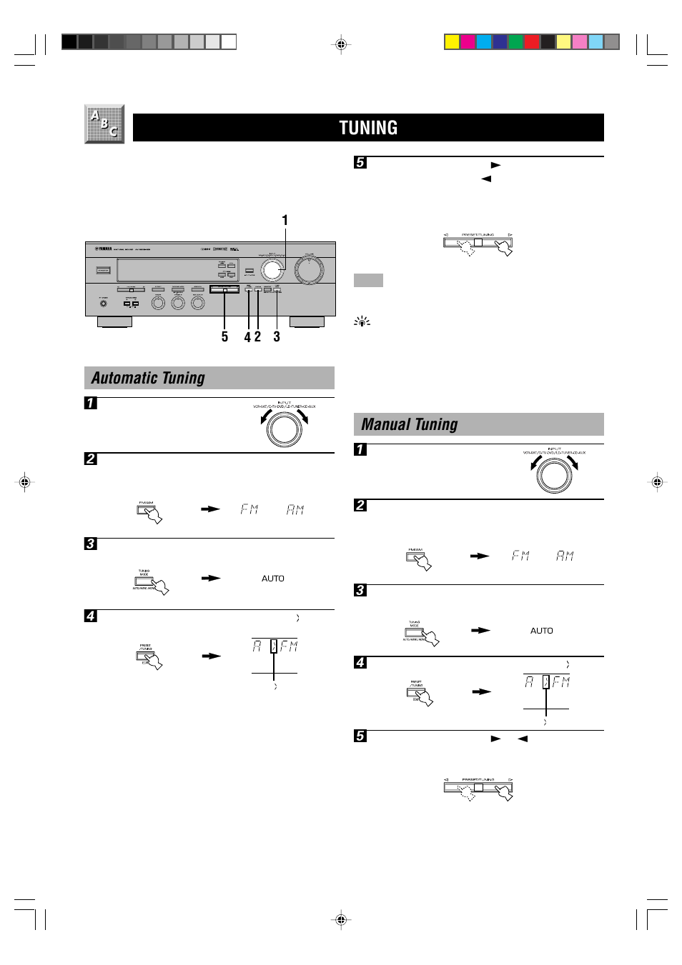 Tuning, Manual tuning 1, Automatic tuning 1 | Yamaha HTR-5230RDS User Manual | Page 28 / 50