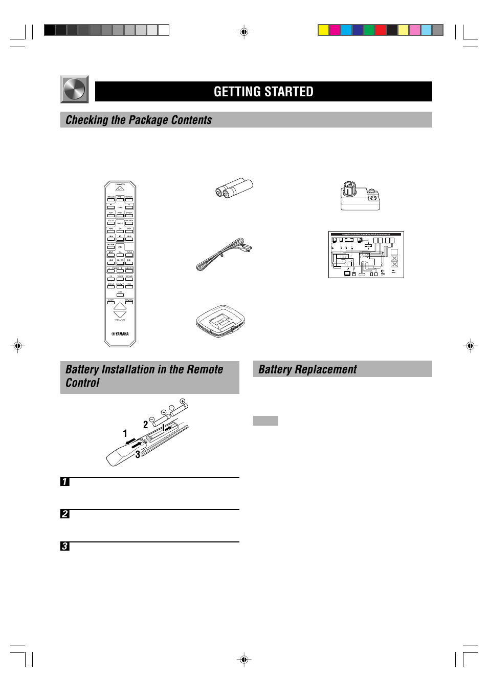 Getting started, Checking the package contents, Battery installation in the remote control 1 | Battery replacement | Yamaha HTR-5230RDS User Manual | Page 4 / 50