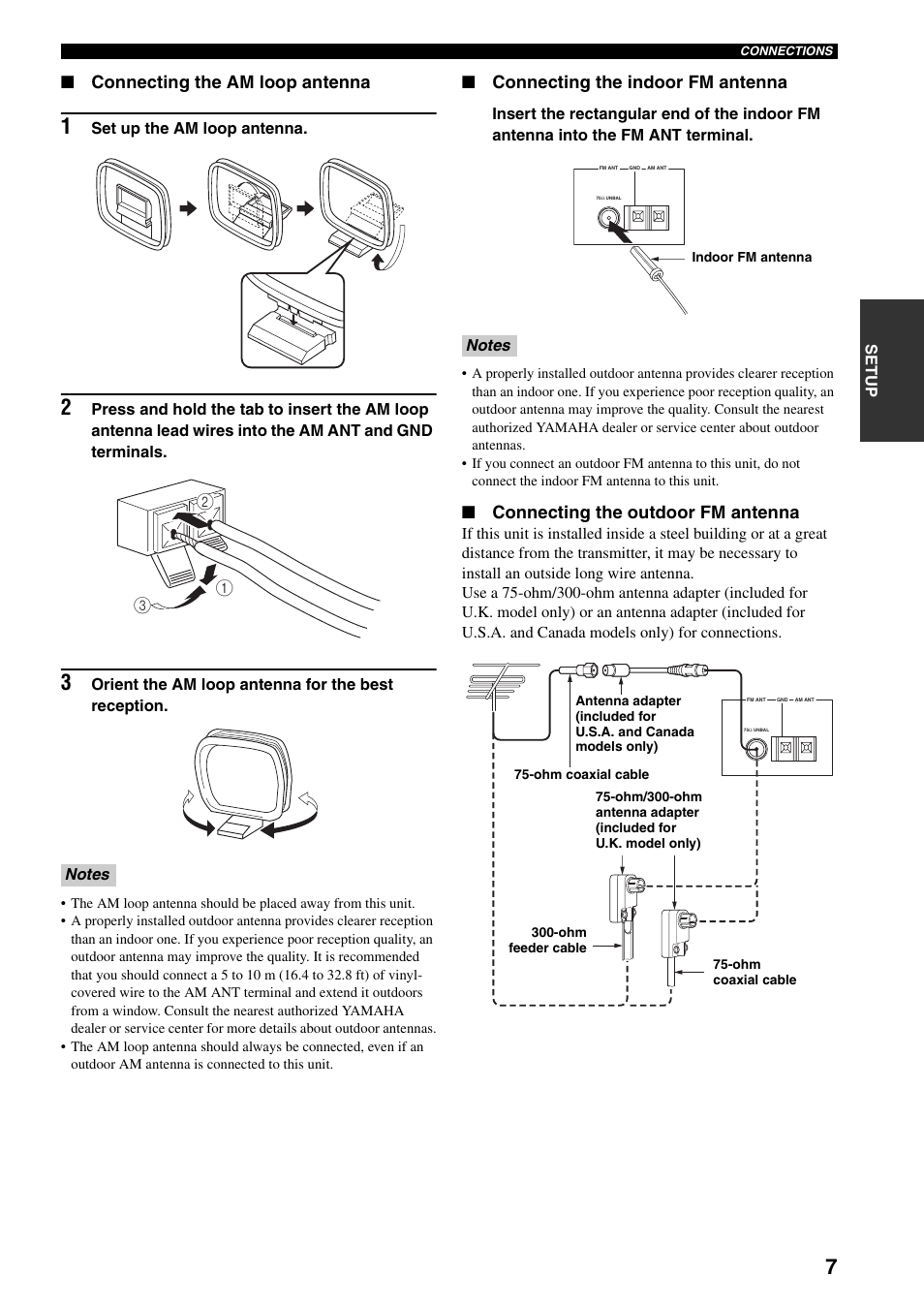 Connecting the am loop antenna, Connecting the indoor fm antenna, Connecting the outdoor fm antenna | Yamaha TX-497 User Manual | Page 11 / 23