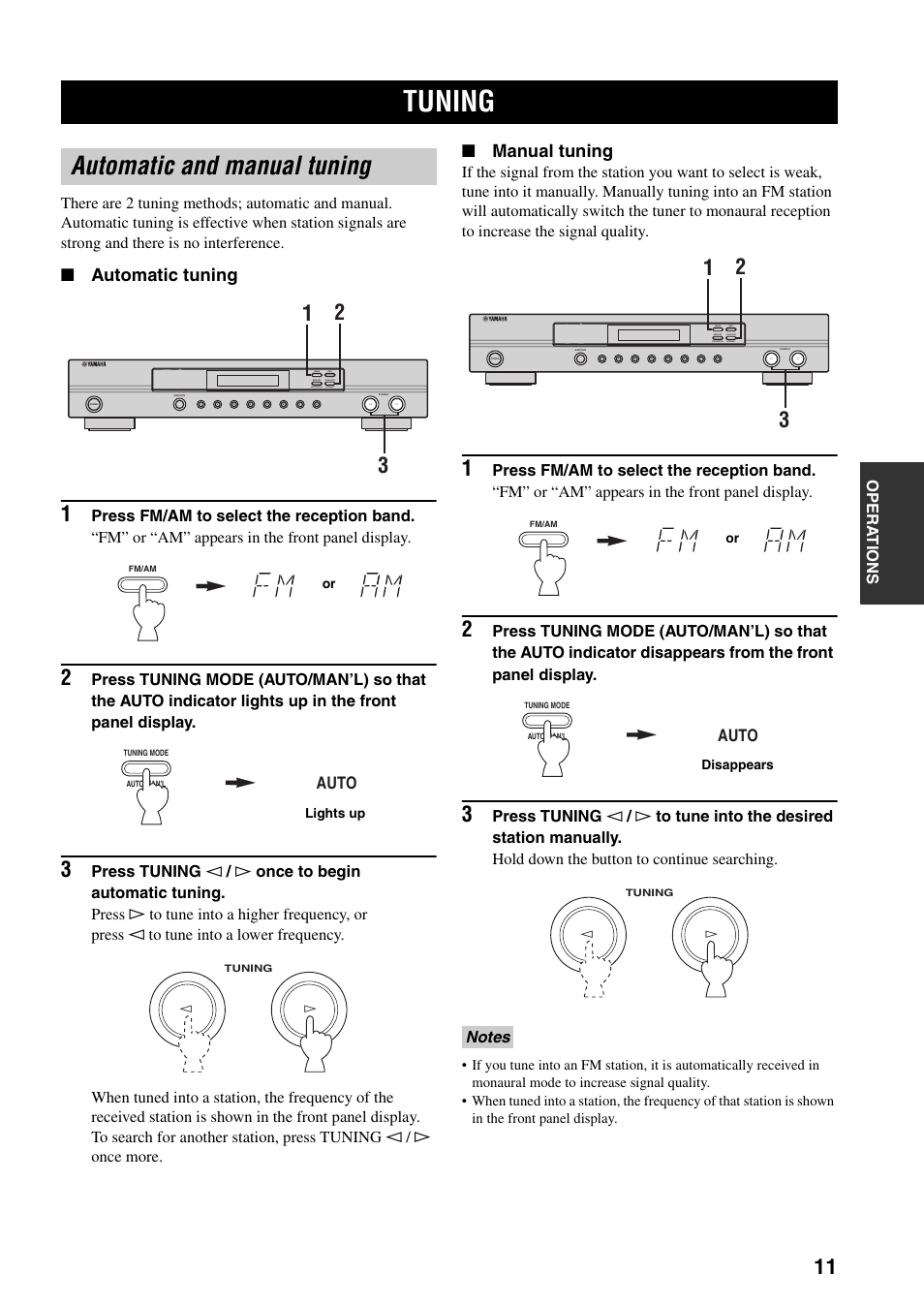 Operations, Tuning, Automatic and manual tuning | Automatic tuning, Manual tuning, Auto | Yamaha TX-497 User Manual | Page 15 / 23